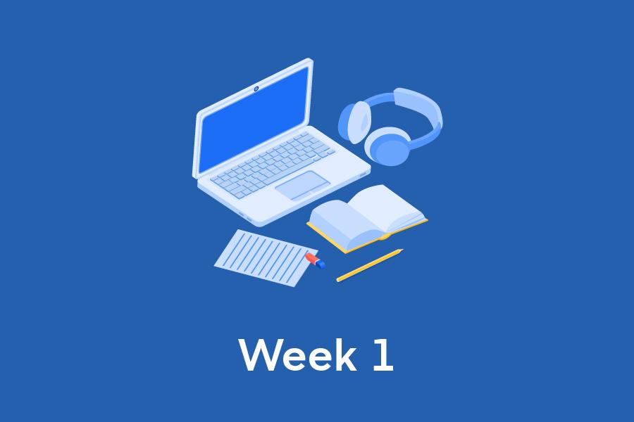 文本阅读第1周,图形的笔记本电脑,书,耳机和铅笔