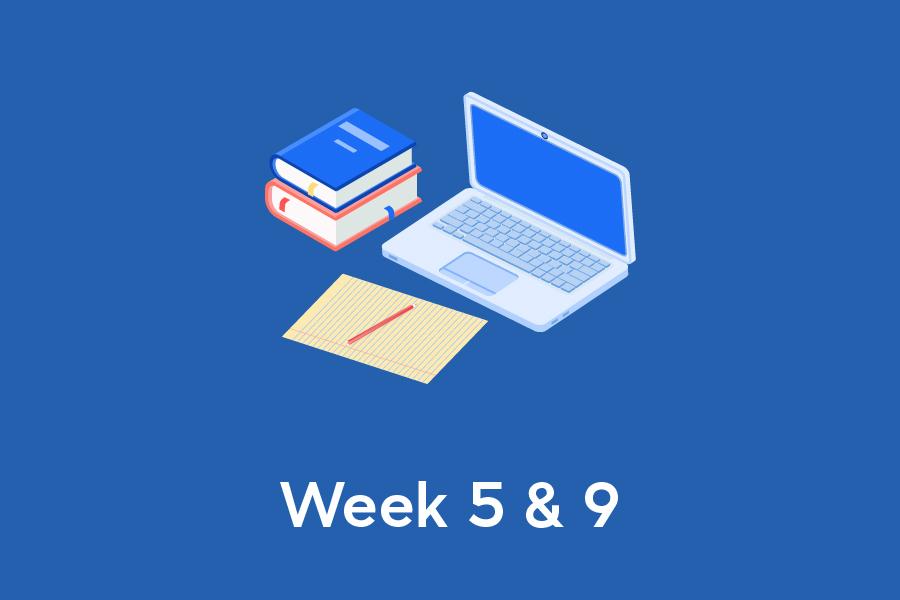 文本读第5周和第9周，图形的笔记本电脑，书，笔和纸